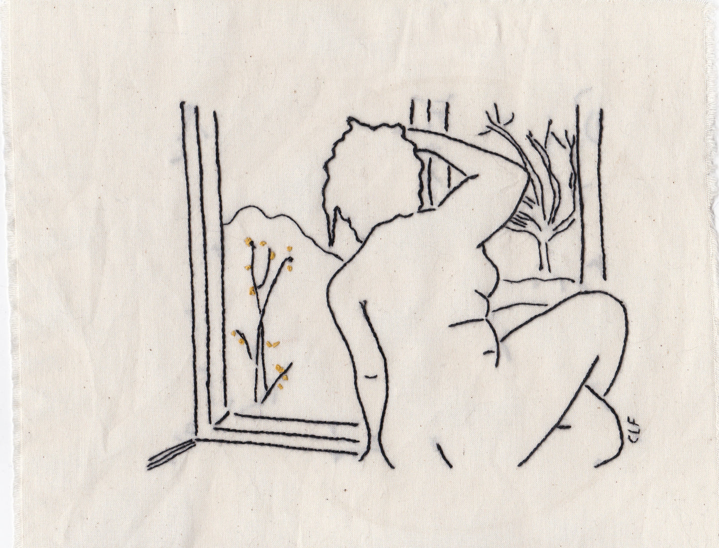 Handstitched sketch of a nude woman, seated looking out of the window. In this image the picture is unframed.